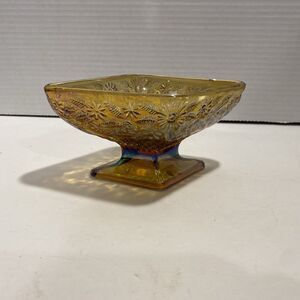 Vintage Indiana Iridescent Amber Carnival Glass Pedestal Diamond Candy Dish Bowl